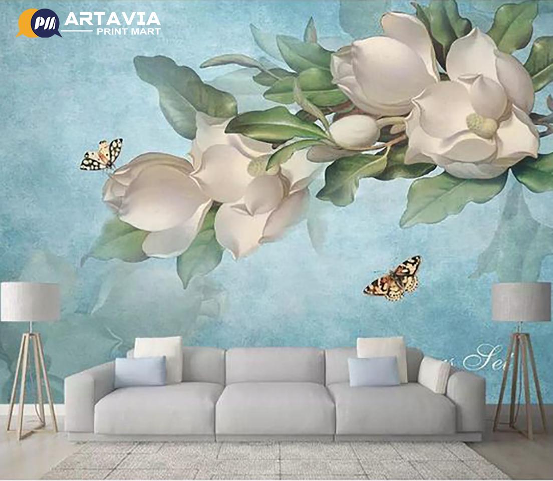artavia (3) Soft Blue Floral and Butterfly Wallpaper - Image 1