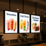 24x24 inch LED light panel displaying food menu in restaurant